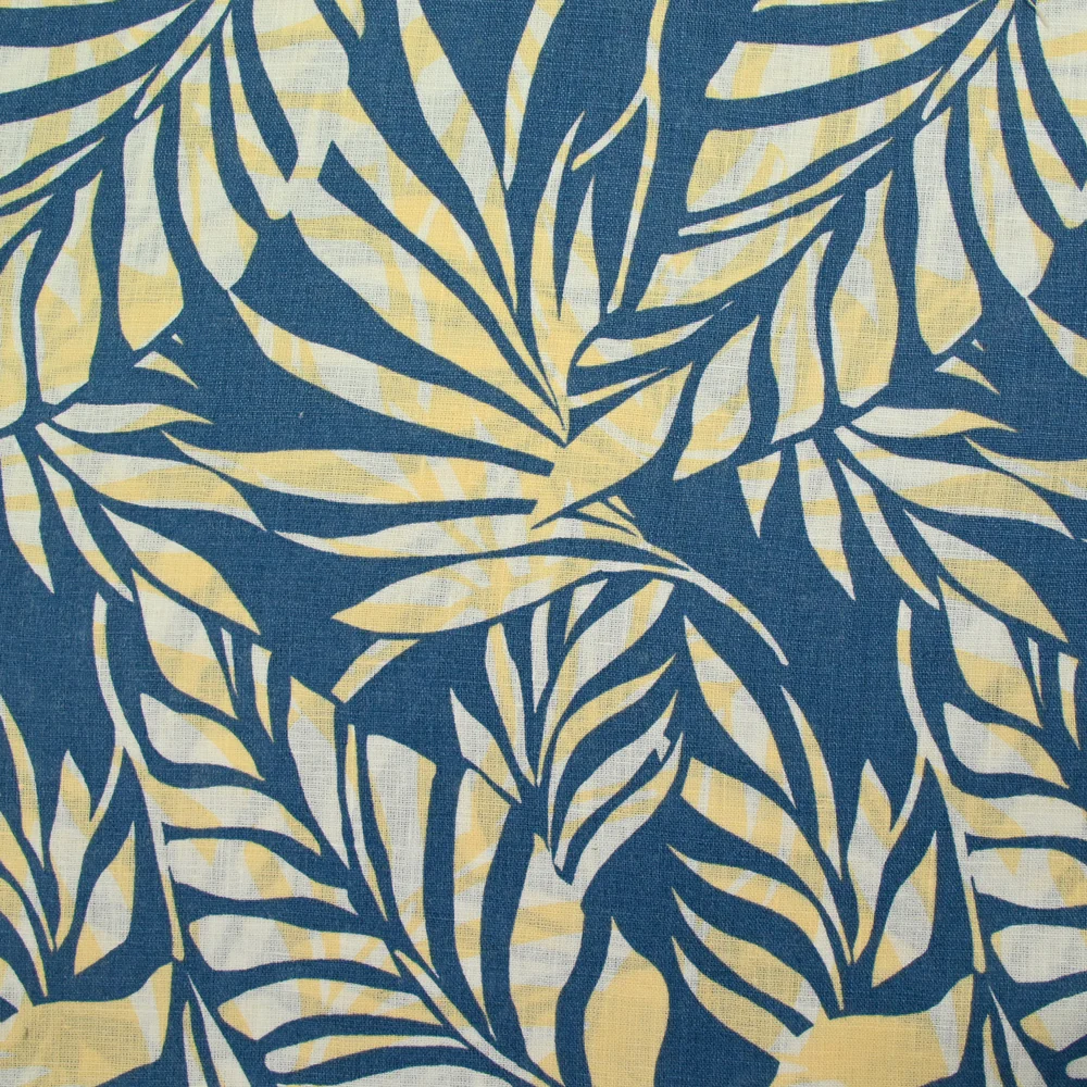 100% Lin imprimé feuille bleu