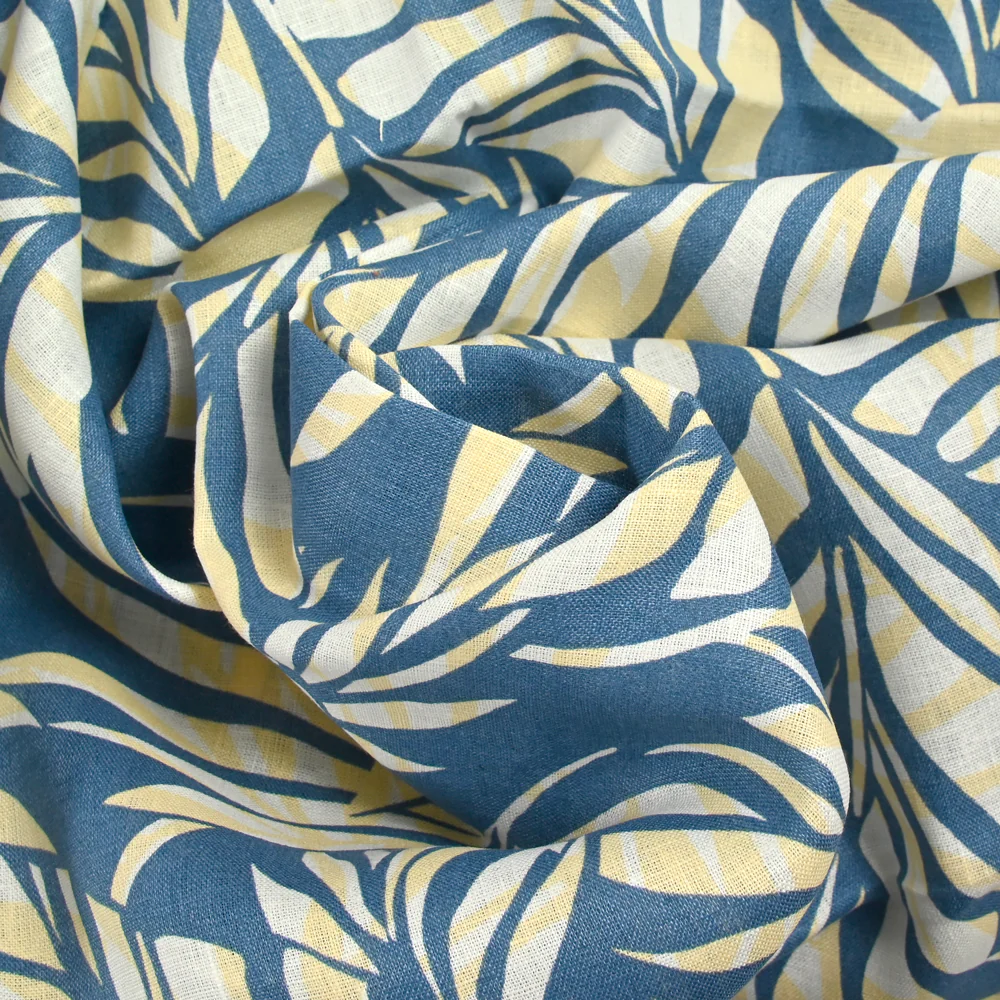 100% Lin imprimé feuille bleu - Image 2