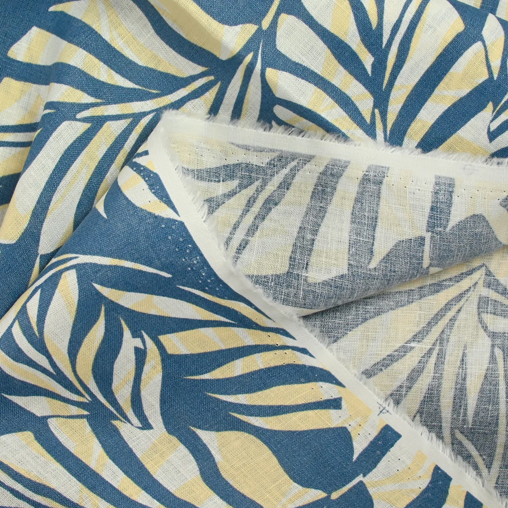 100% Lin imprimé feuille bleu - Image 4