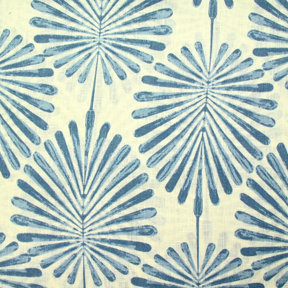 100% Lin imprimé palmier bleu fond blanc cassé