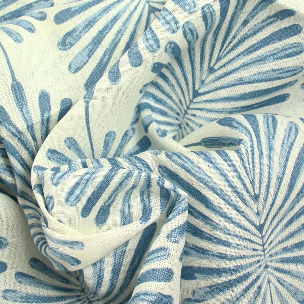 100% Lin imprimé palmier bleu fond blanc cassé - Image 2