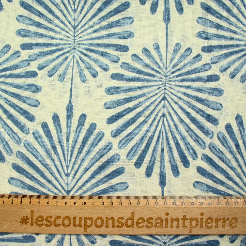 100% Lin imprimé palmier bleu fond blanc cassé - Image 3