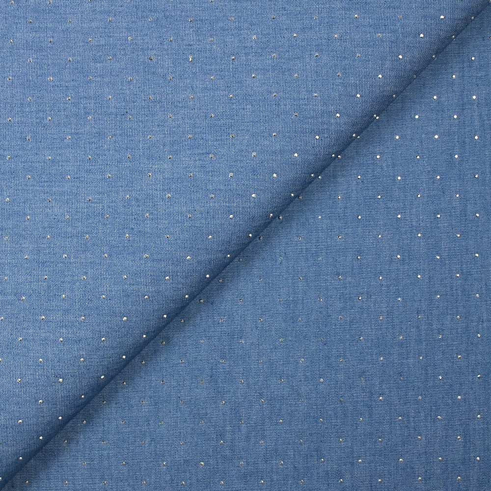 Chambray de coton orné de strass fond bleu denim