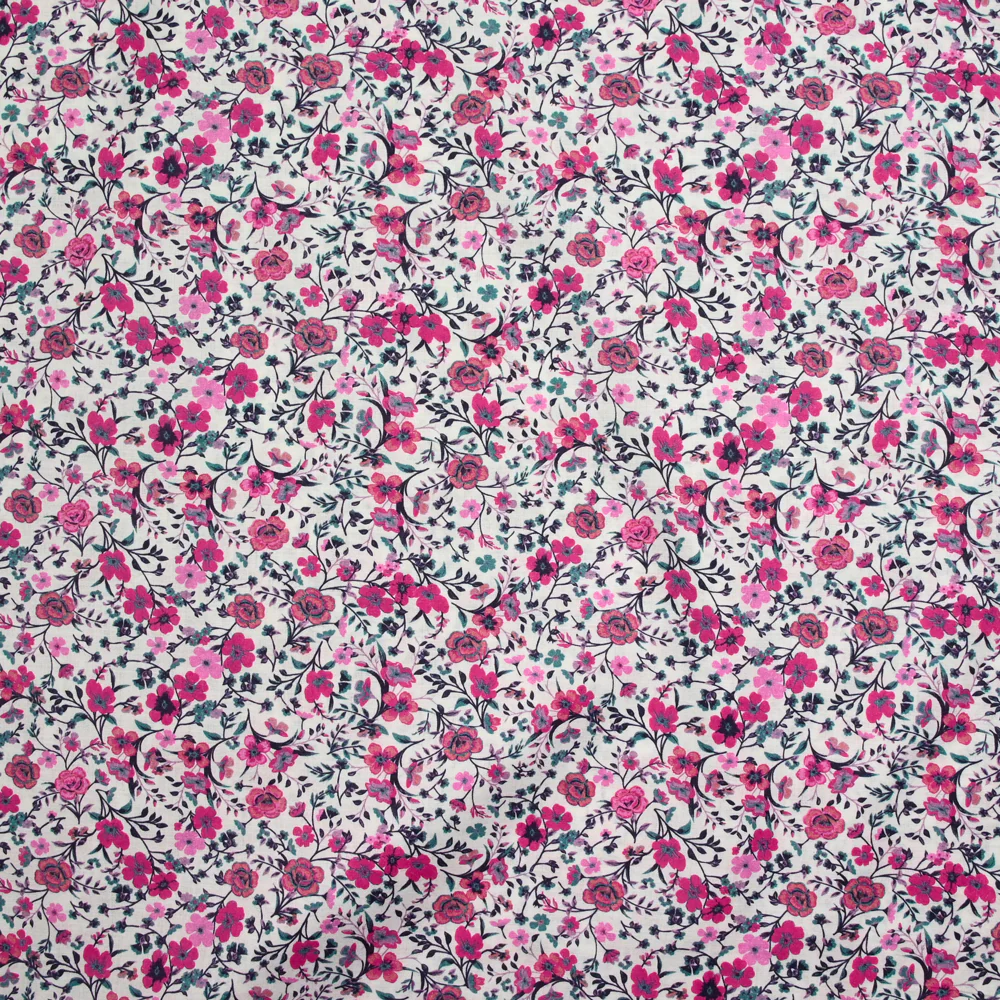 Coton imprimé Anna fleurs rose et fuchsia fond blanc au mètre
