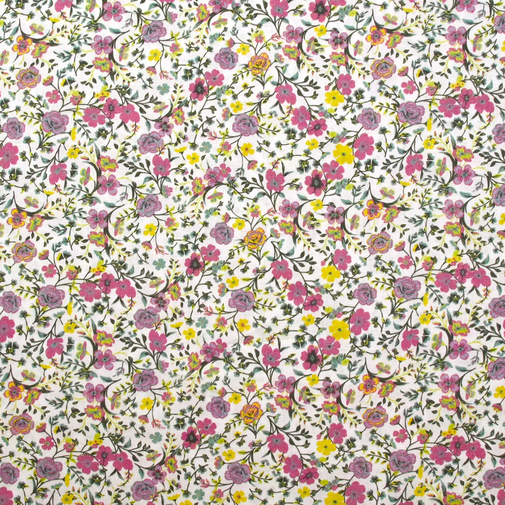 Coton imprimé Anna fleurs violet et jaune fond blanc au mètre