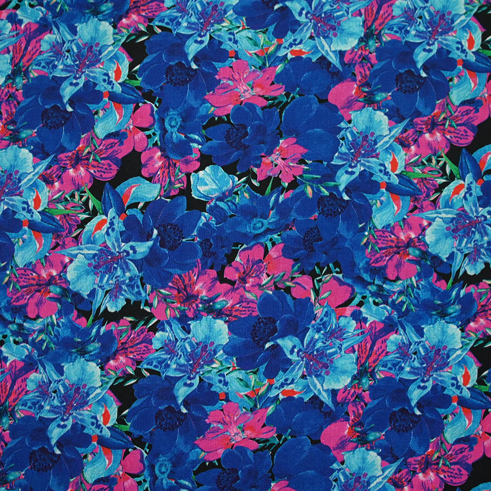 Coton imprimé bouquet flamboyant bleu fond noir