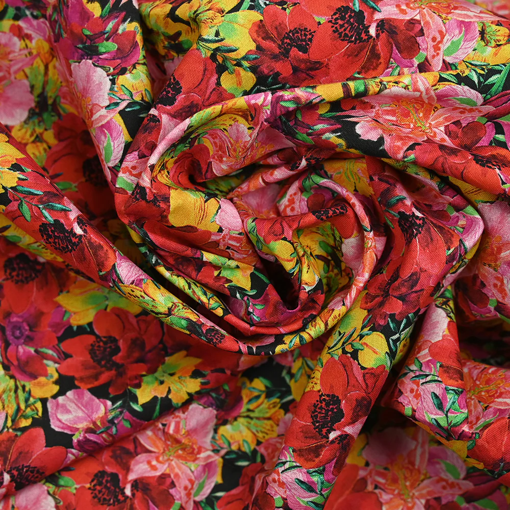 Coton imprimé bouquet flamboyant jaune et rouge fond noir - Image 2