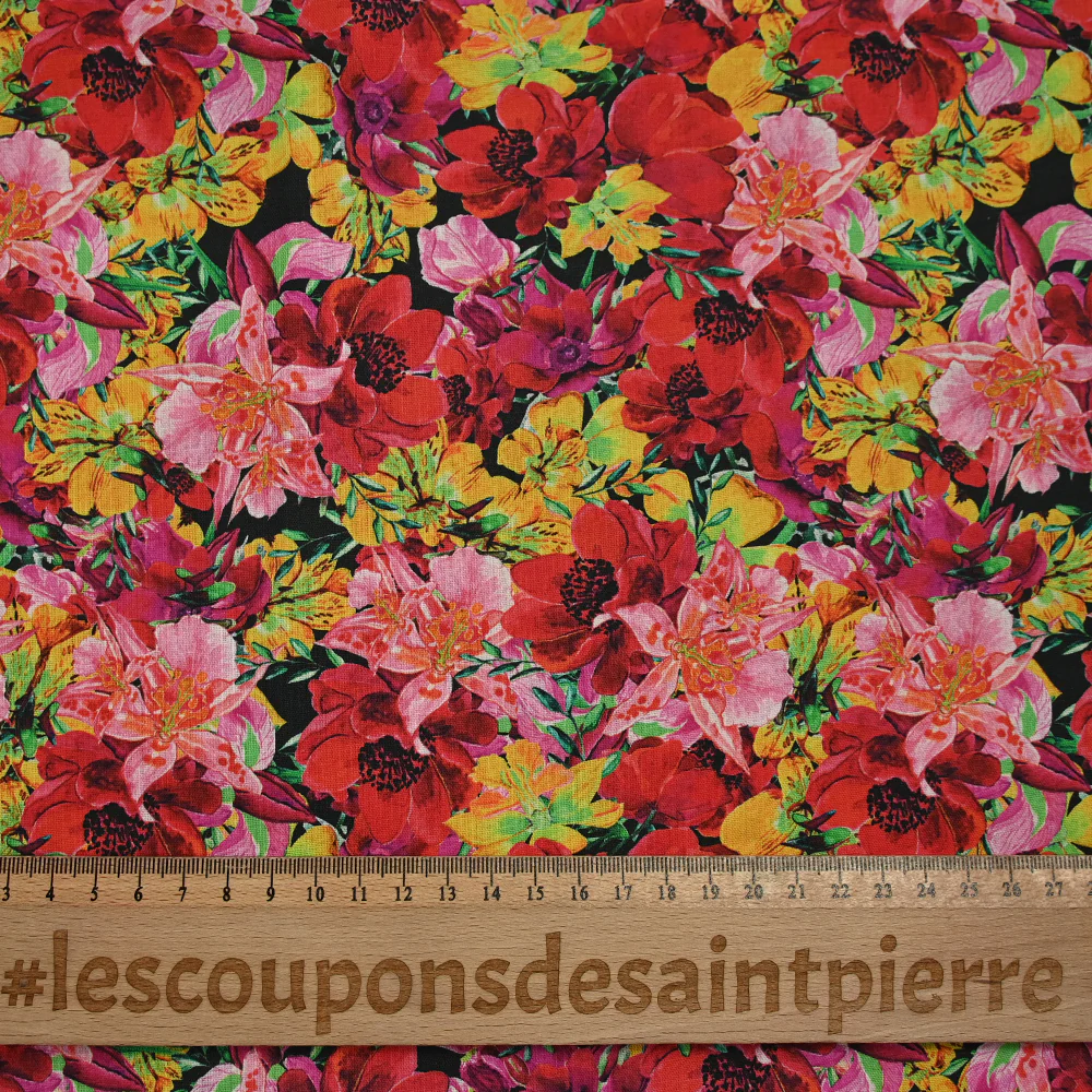 Coton imprimé bouquet flamboyant jaune et rouge fond noir - Image 3