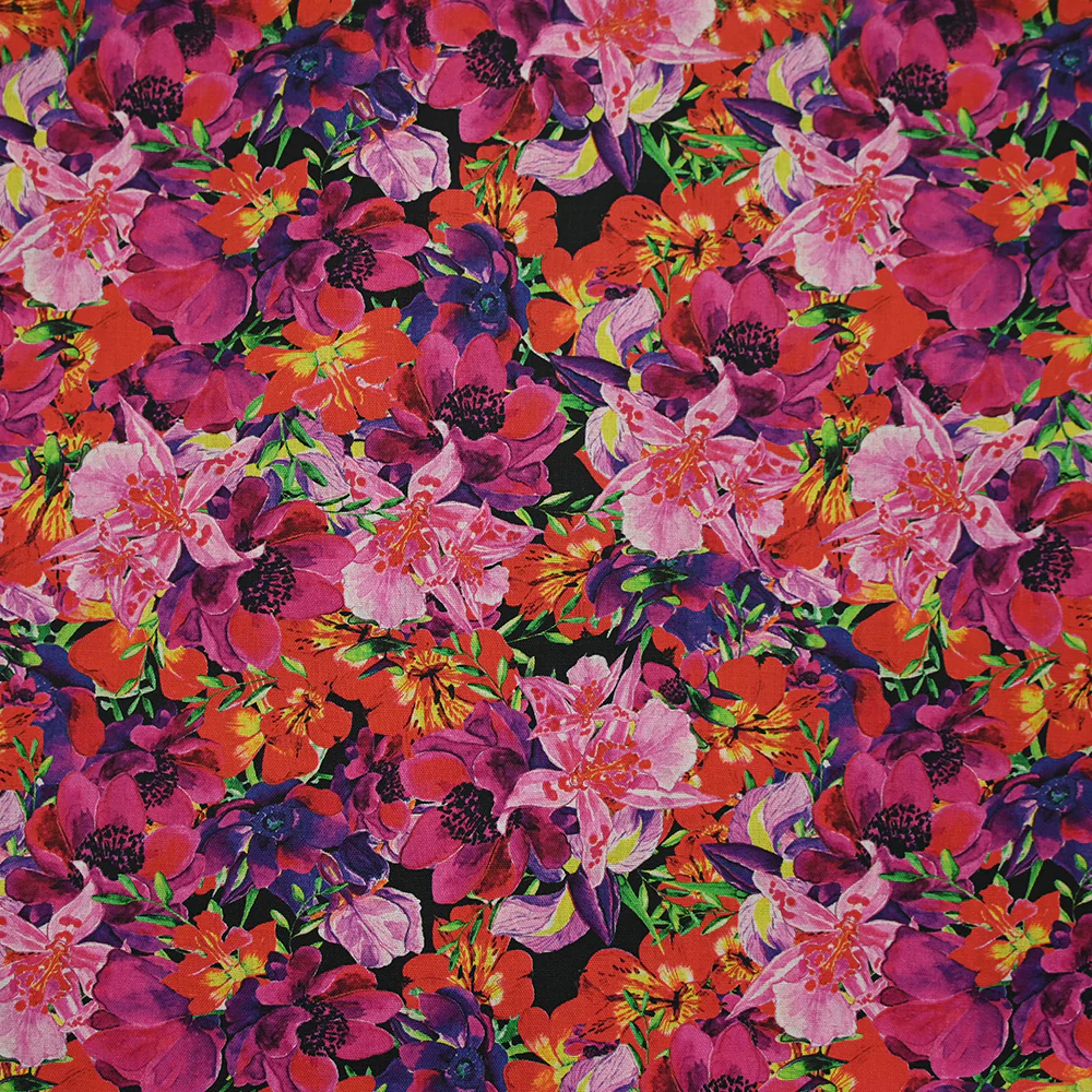 Coton imprimé bouquet flamboyant rose fond noir