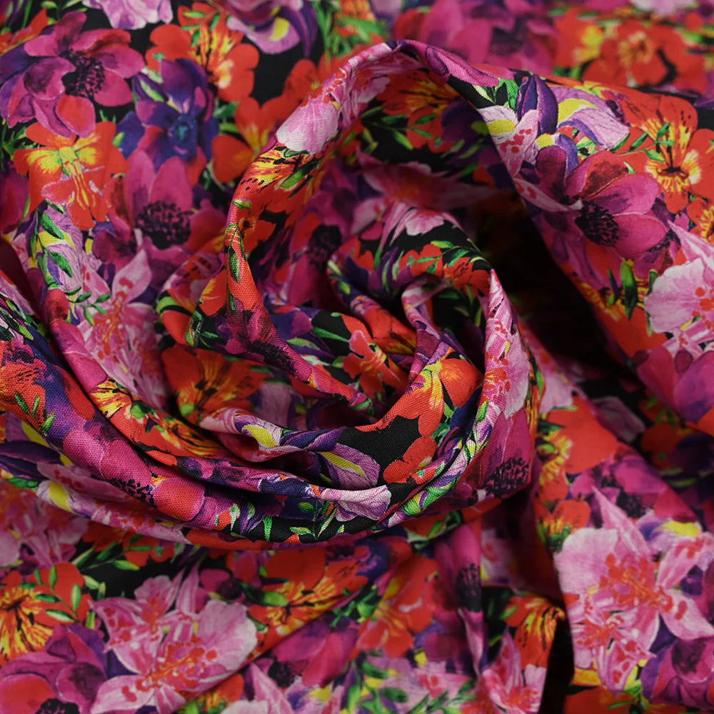 Coton imprimé bouquet flamboyant rose fond noir - Image 2