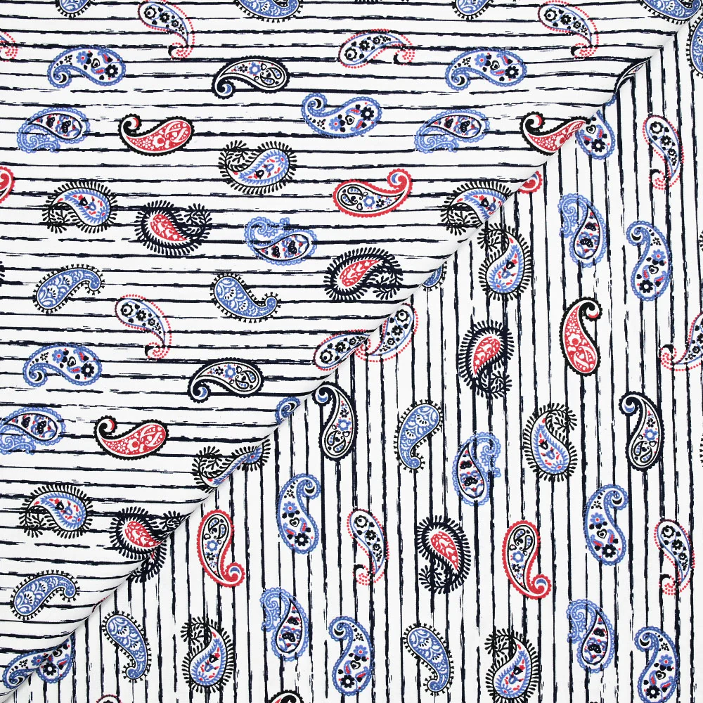 Coton imprimé cachemire bleu barbeau et rouge fond rayé bleu marine
