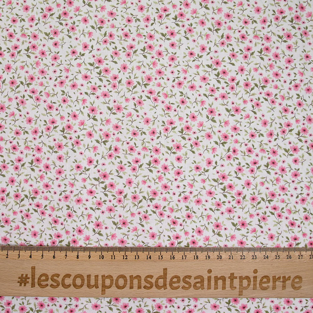Coton imprimé champêtre rose fond blanc - Image 3