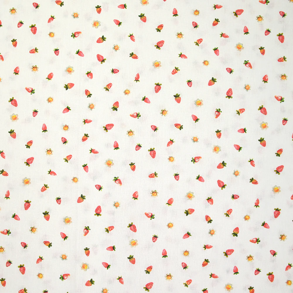 Coton imprimé cueillette de fraises fond blanc
