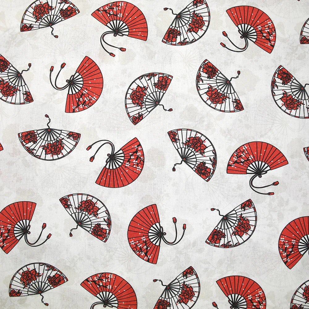 Coton imprimé éventail rouge et noir fond blanc