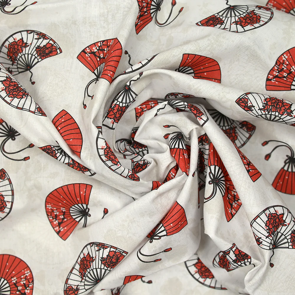 Coton imprimé éventail rouge et noir fond blanc - Image 2