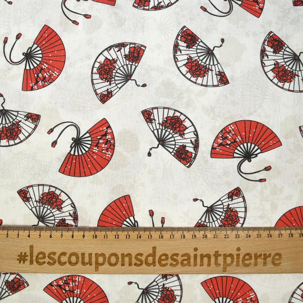 Coton imprimé éventail rouge et noir fond blanc - Image 3