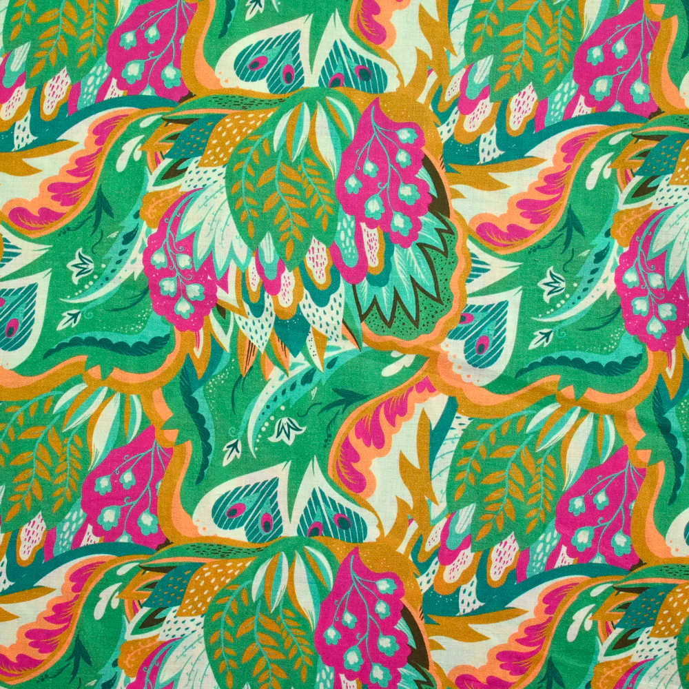 Coton imprimé Ginevra rose et orange fond vert au mètre