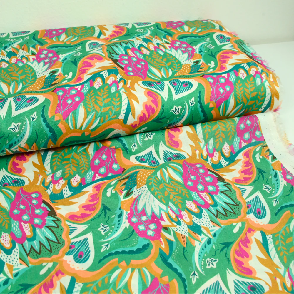 Coton imprimé Ginevra rose et orange fond vert au mètre - Image 2