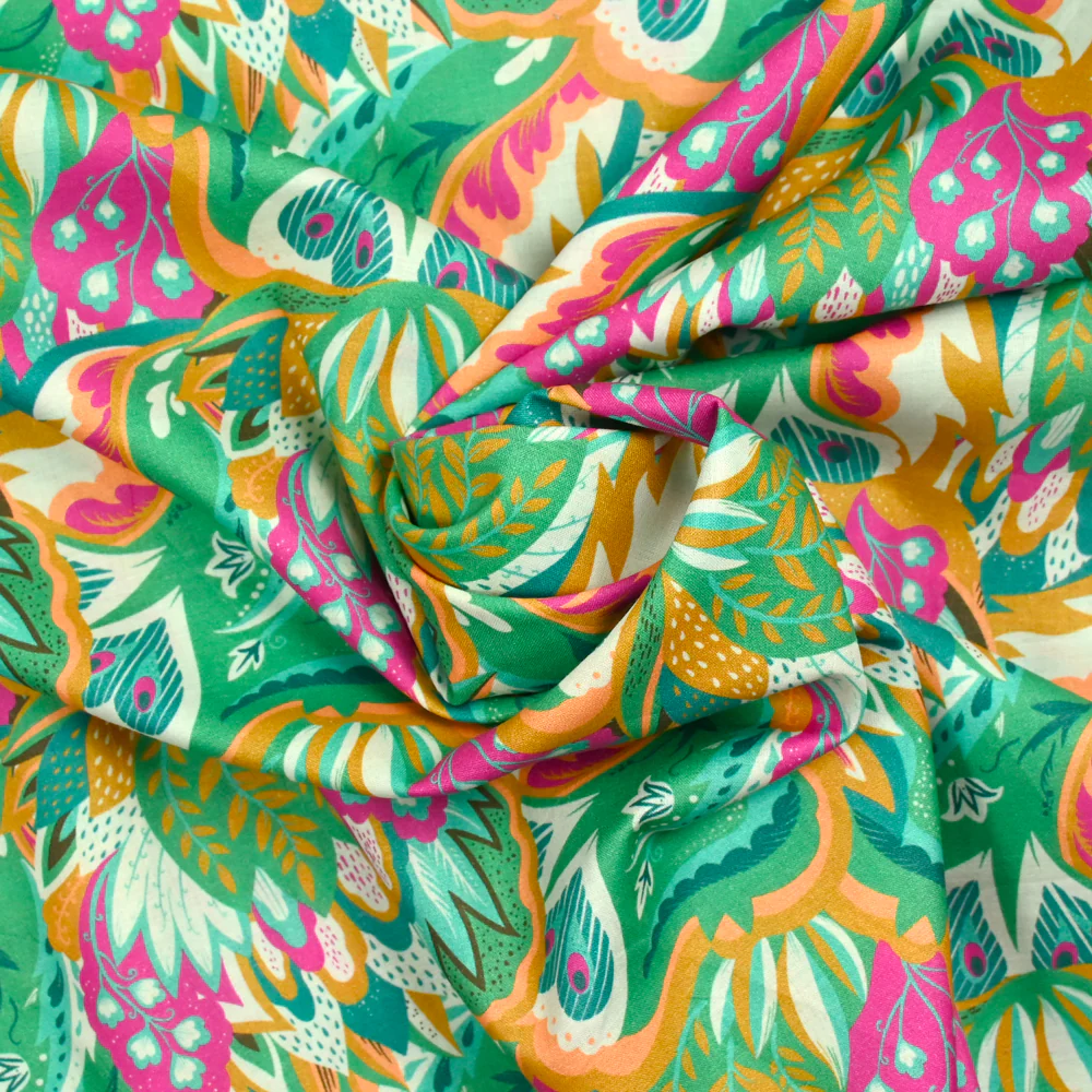 Coton imprimé Ginevra rose et orange fond vert au mètre - Image 3