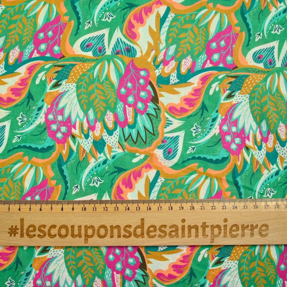 Coton imprimé Ginevra rose et orange fond vert au mètre - Image 4