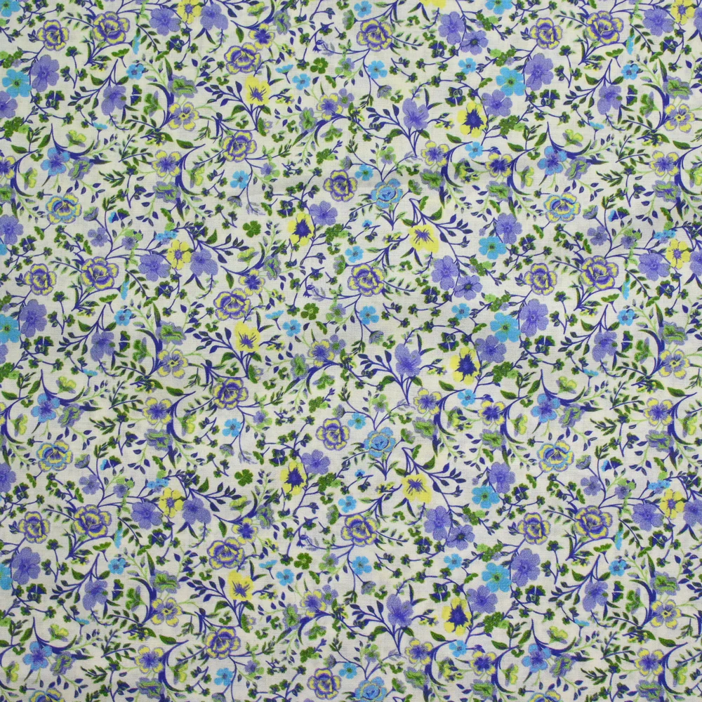 Coton imprimé Giorgia fleurs violet et bleu fond écru au mètre