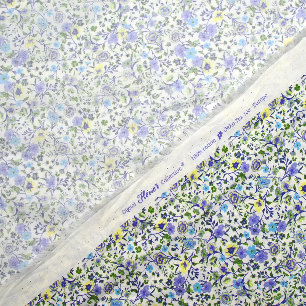 Coton imprimé Giorgia fleurs violet et bleu fond écru au mètre - Image 5