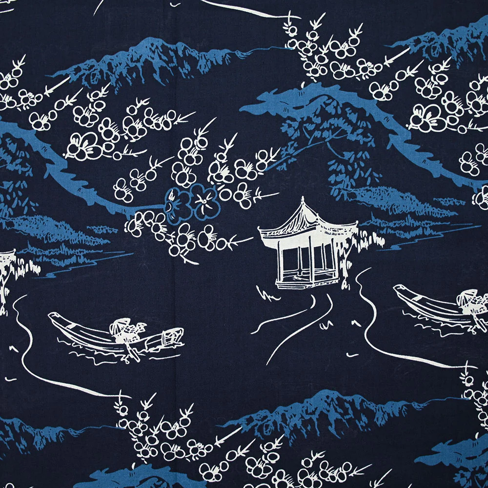 Coton imprimé japonisant fond bleu marine