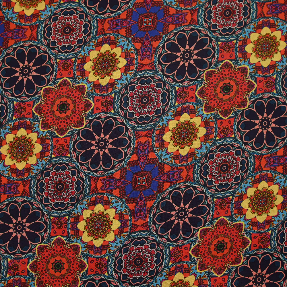 Coton imprimé kaléidoscope floral jaune et rouge