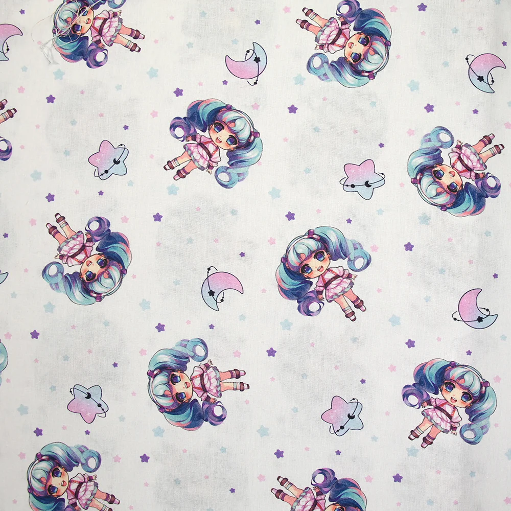 Coton imprimé kawaii bleu et rose fond blanc
