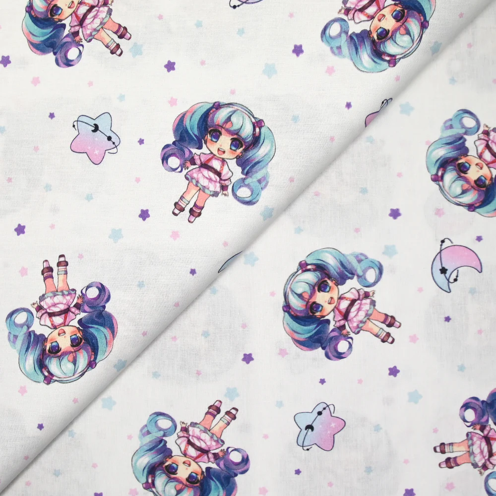 Coton imprimé kawaii bleu et rose fond blanc - Image 4