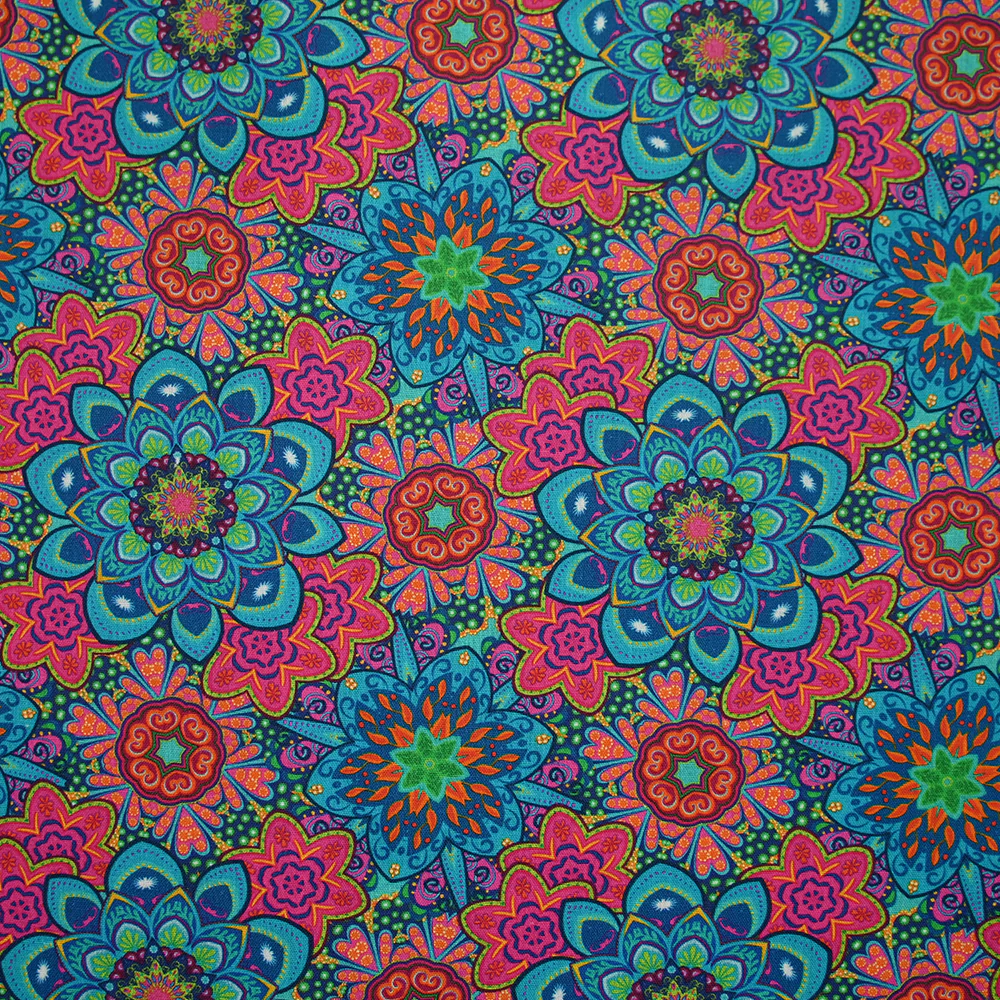 Coton imprimé mandala corail, bleu et rose