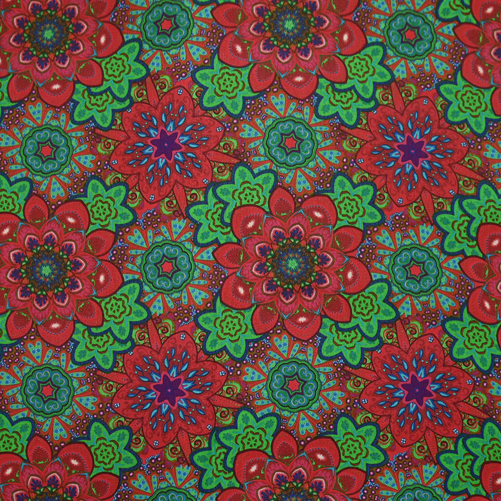 Coton imprimé mandala rouge, vert et bleu