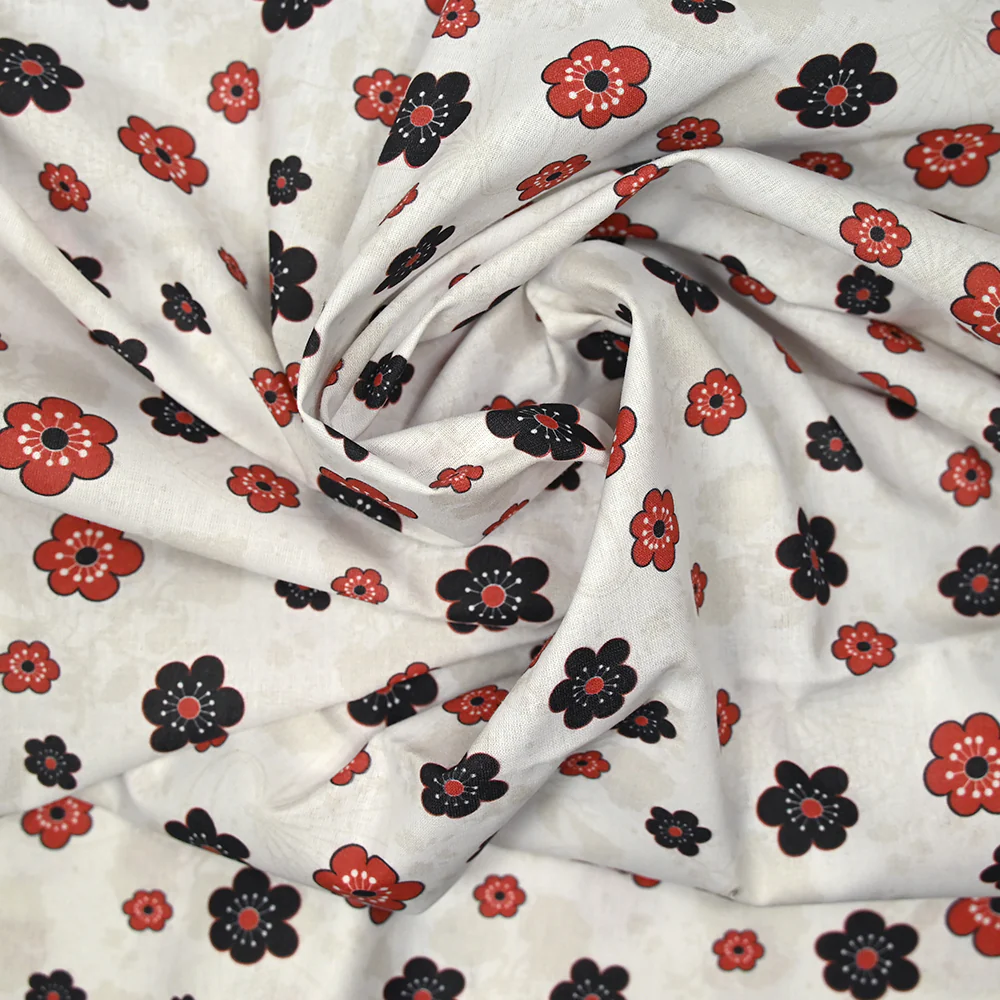 Coton imprimé marguerite noir et rouge fond blanc - Image 2