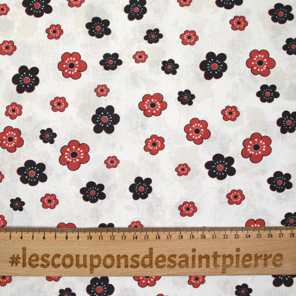 Coton imprimé marguerite noir et rouge fond blanc - Image 3