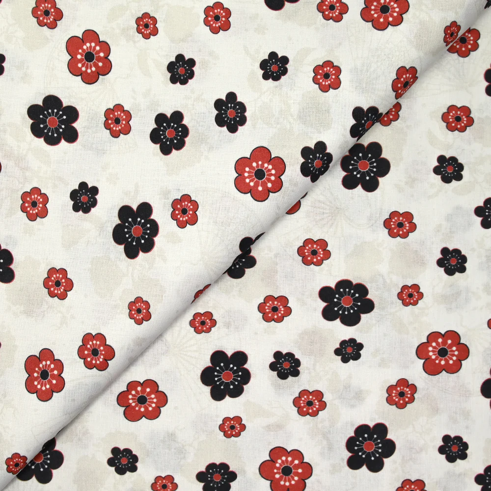 Coton imprimé marguerite noir et rouge fond blanc - Image 4