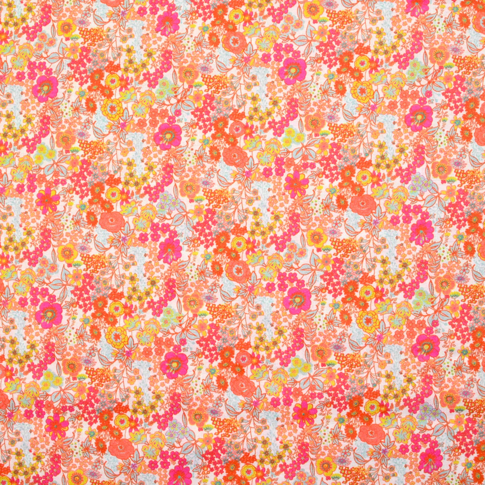 Coton imprimé Matilde fleurs mandarine et rose au mètre