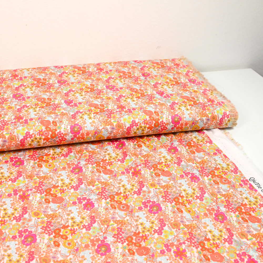 Coton imprimé Matilde fleurs mandarine et rose au mètre - Image 2