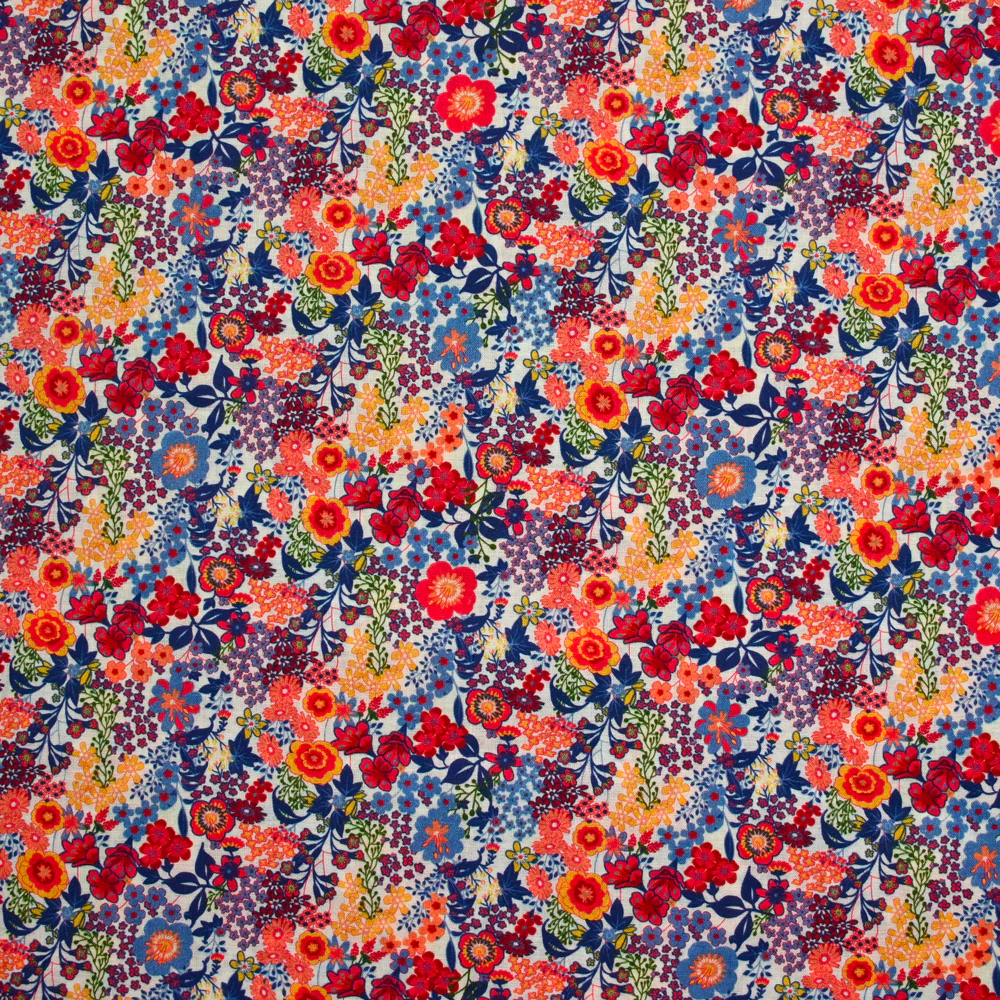 Coton imprimé Matilde fleurs orange et bleu au mètre