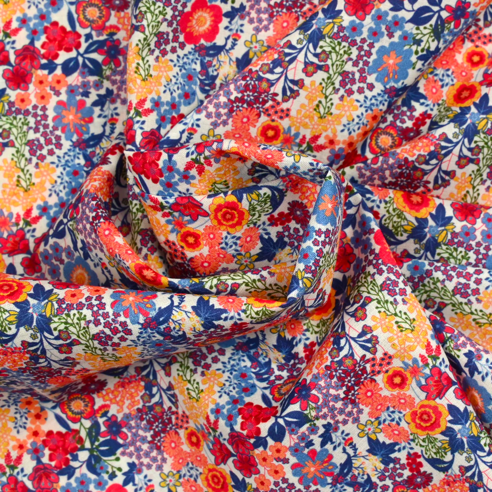 Coton imprimé Matilde fleurs orange et bleu au mètre - Image 3