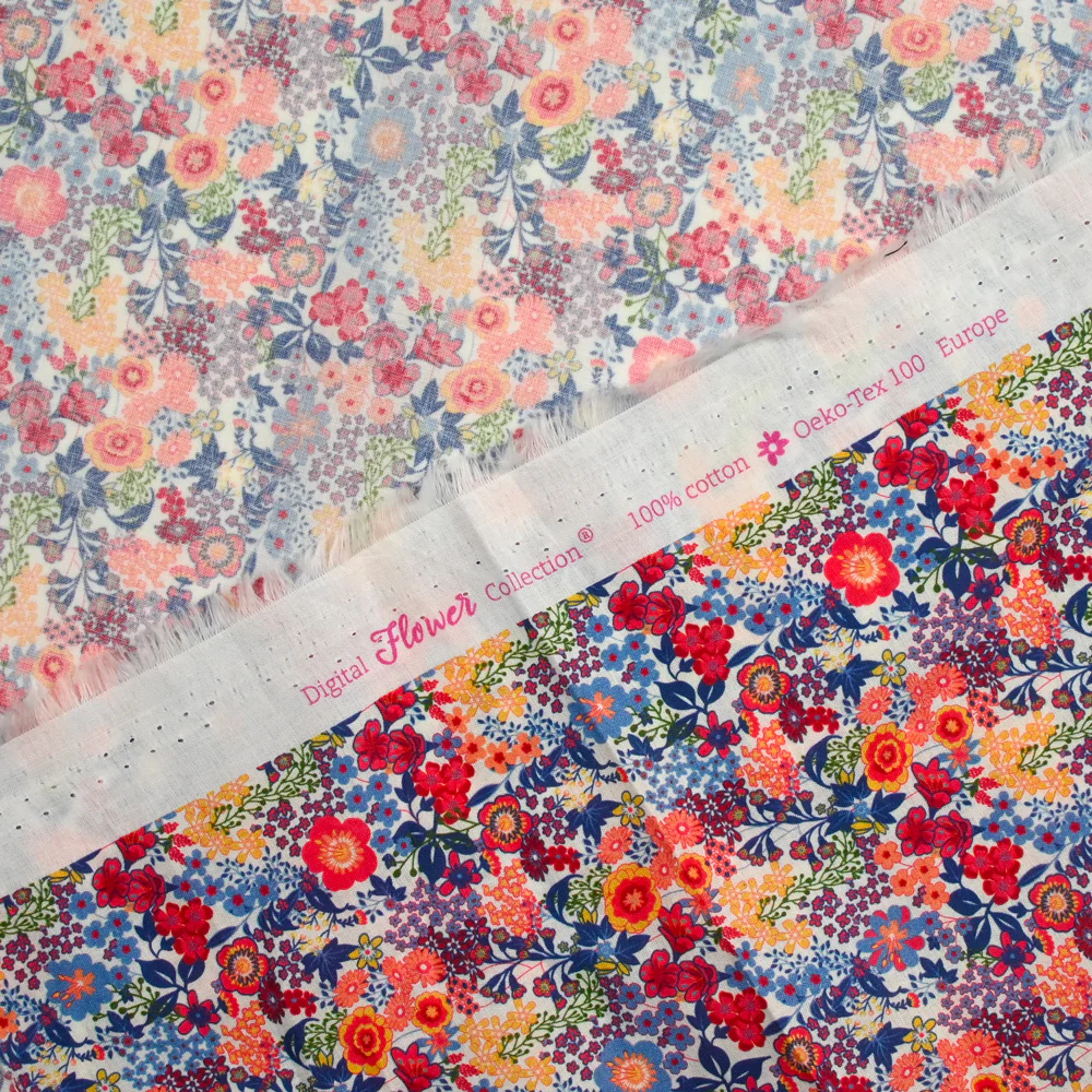Coton imprimé Matilde fleurs orange et bleu au mètre - Image 4