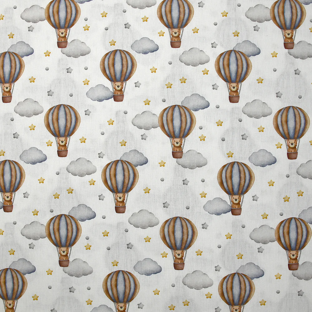 Coton imprimé montgolfière ourson fond blanc