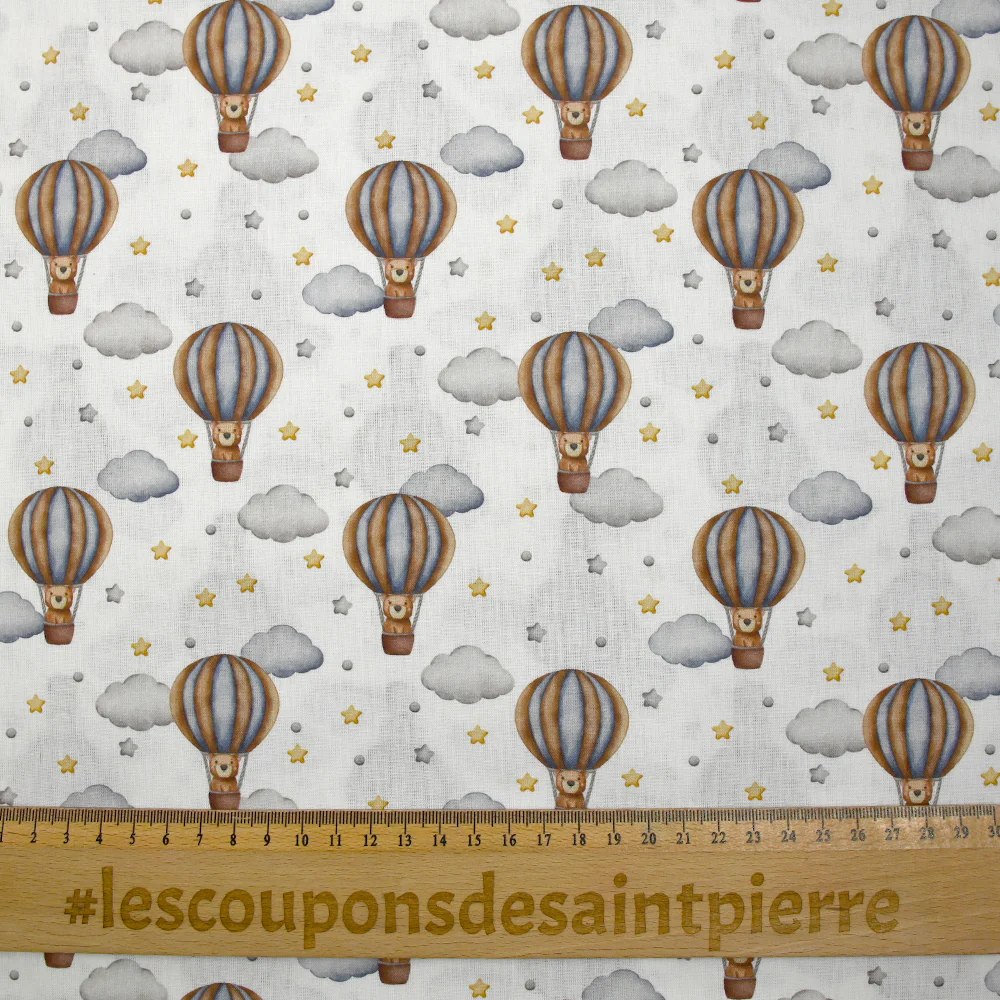 Coton imprimé montgolfière ourson fond blanc - Image 3