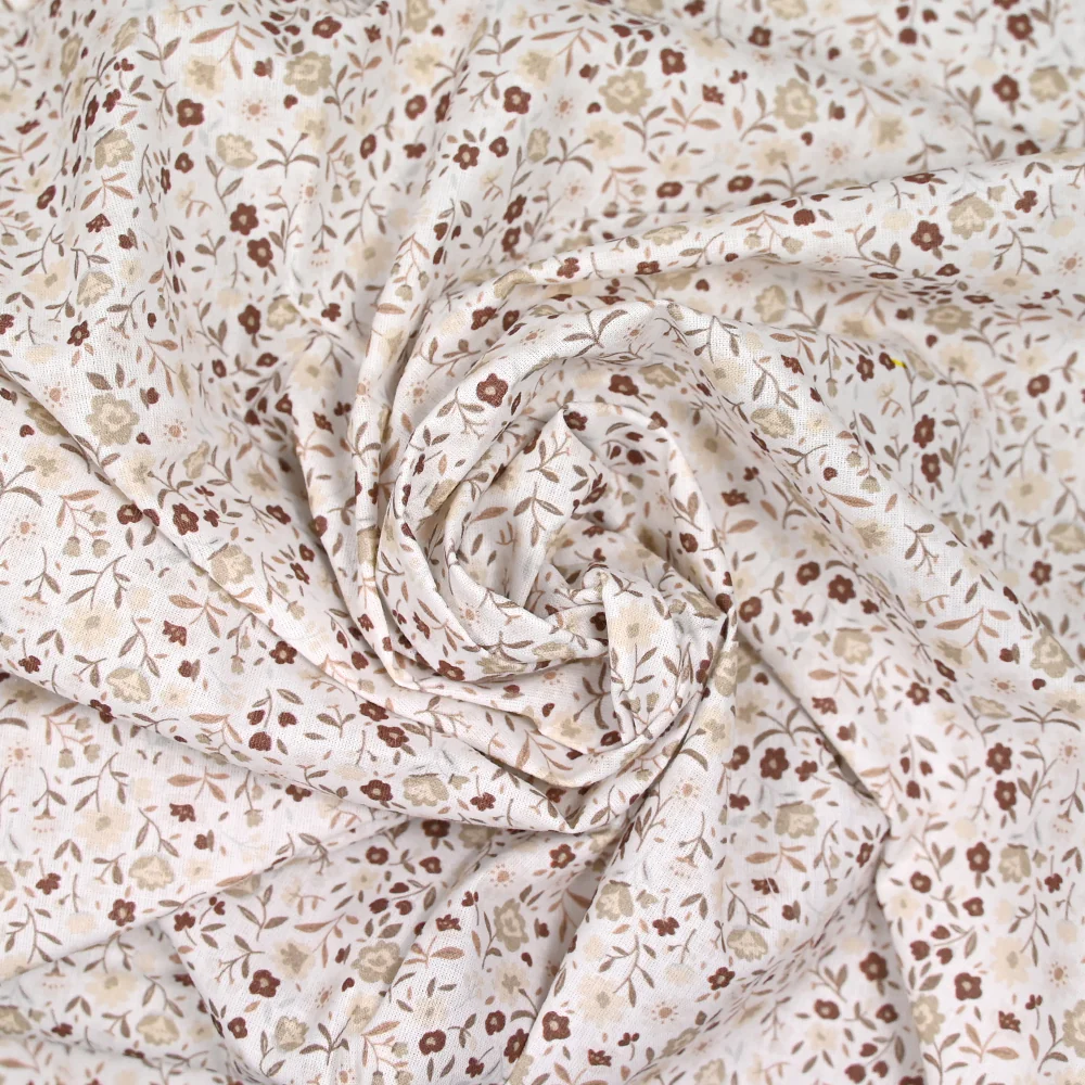 Coton imprimé ouragan floral marron fond blanc - Image 2