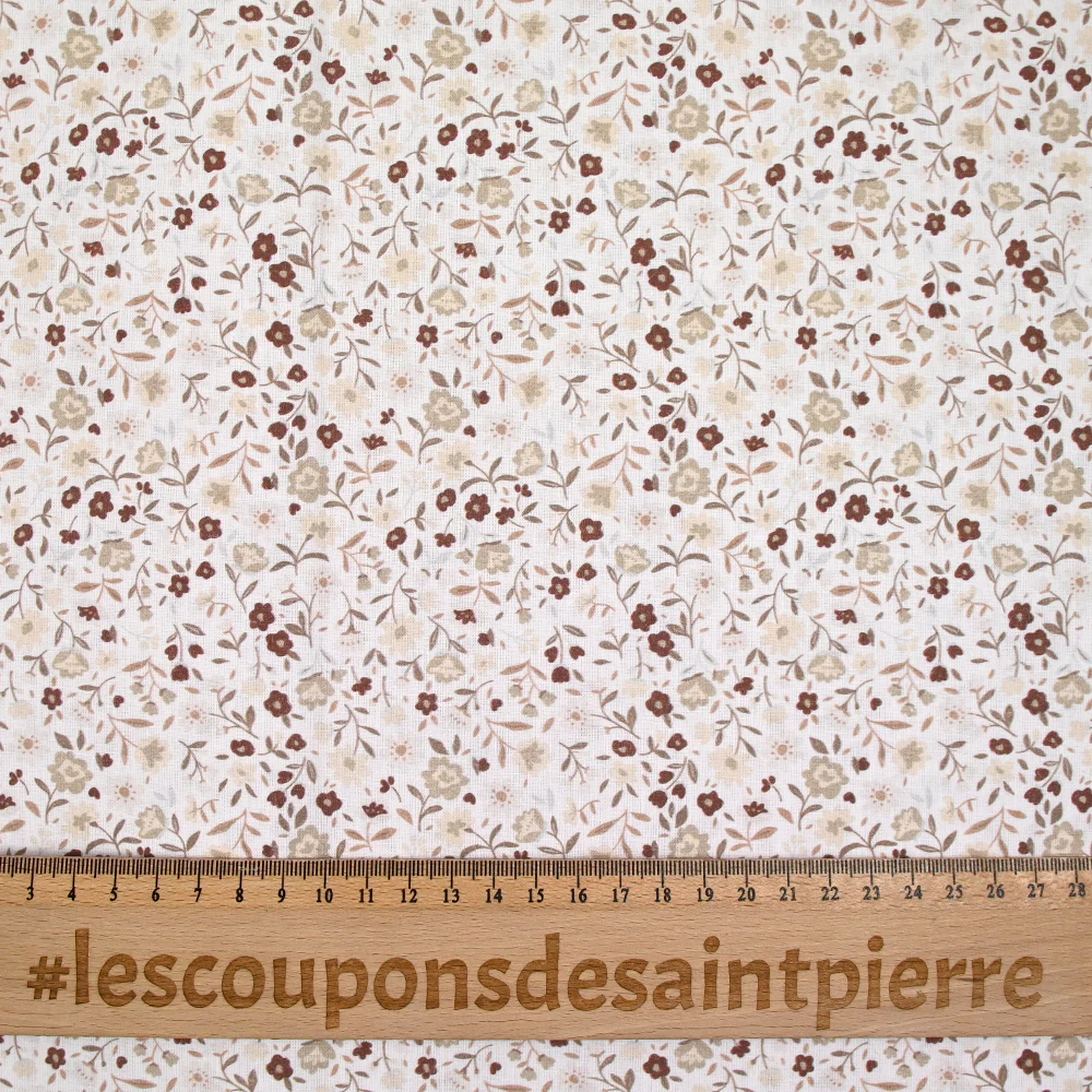 Coton imprimé ouragan floral marron fond blanc - Image 3