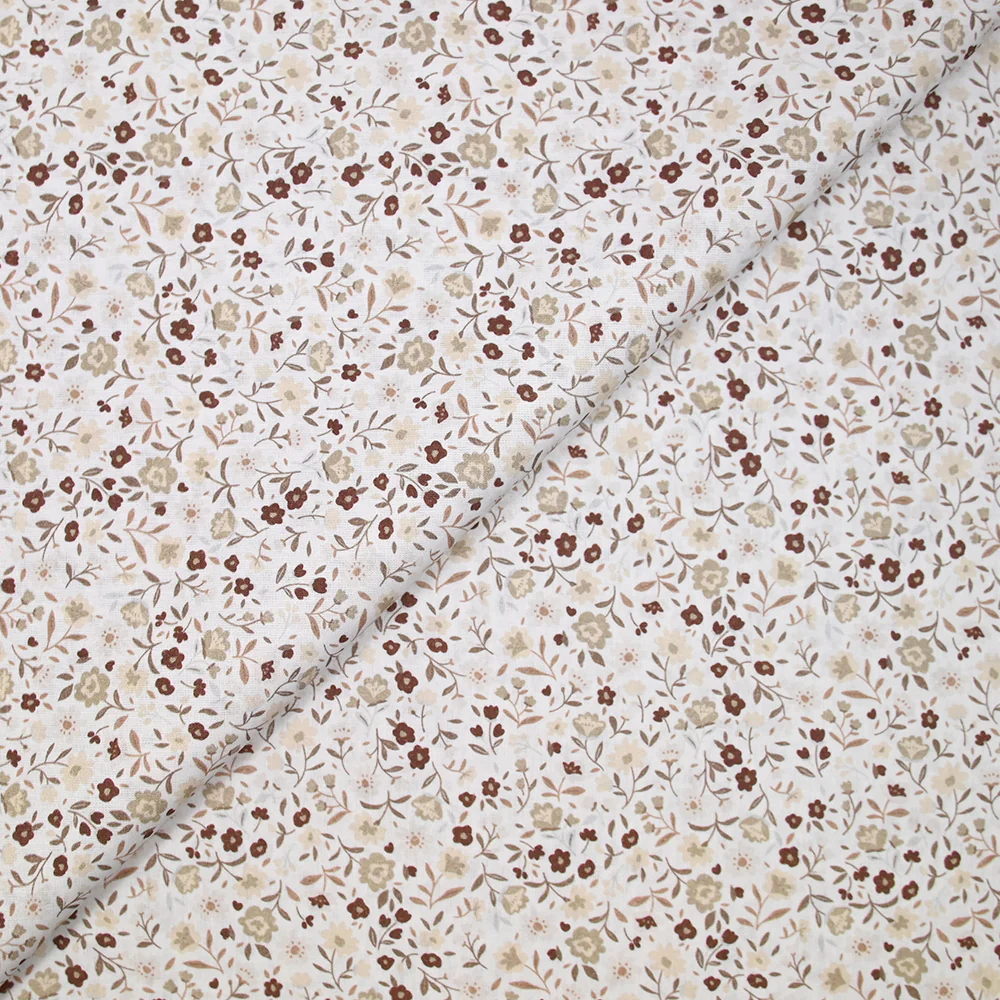Coton imprimé ouragan floral marron fond blanc - Image 4