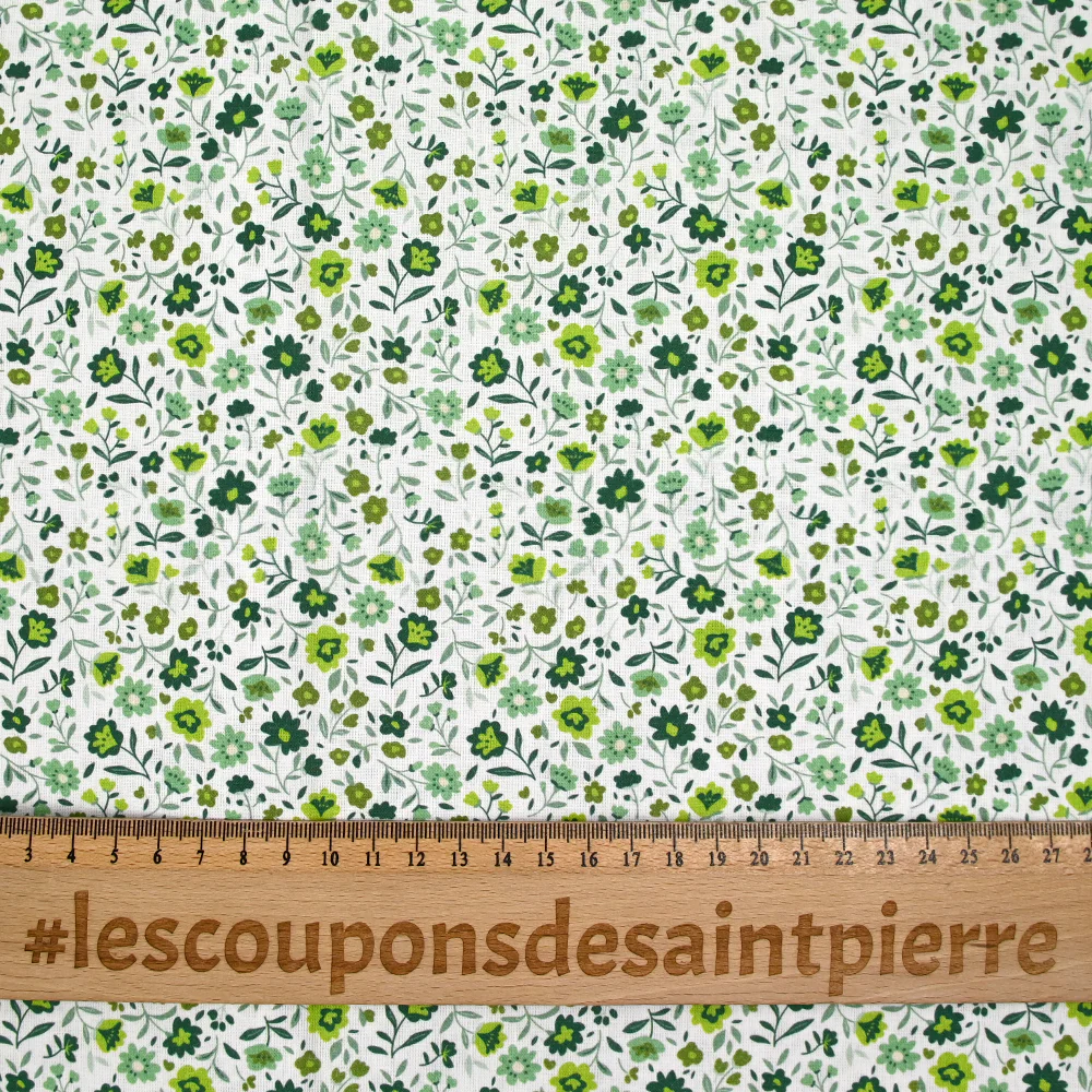 Coton imprimé ouragan floral vert fond blanc - Image 3