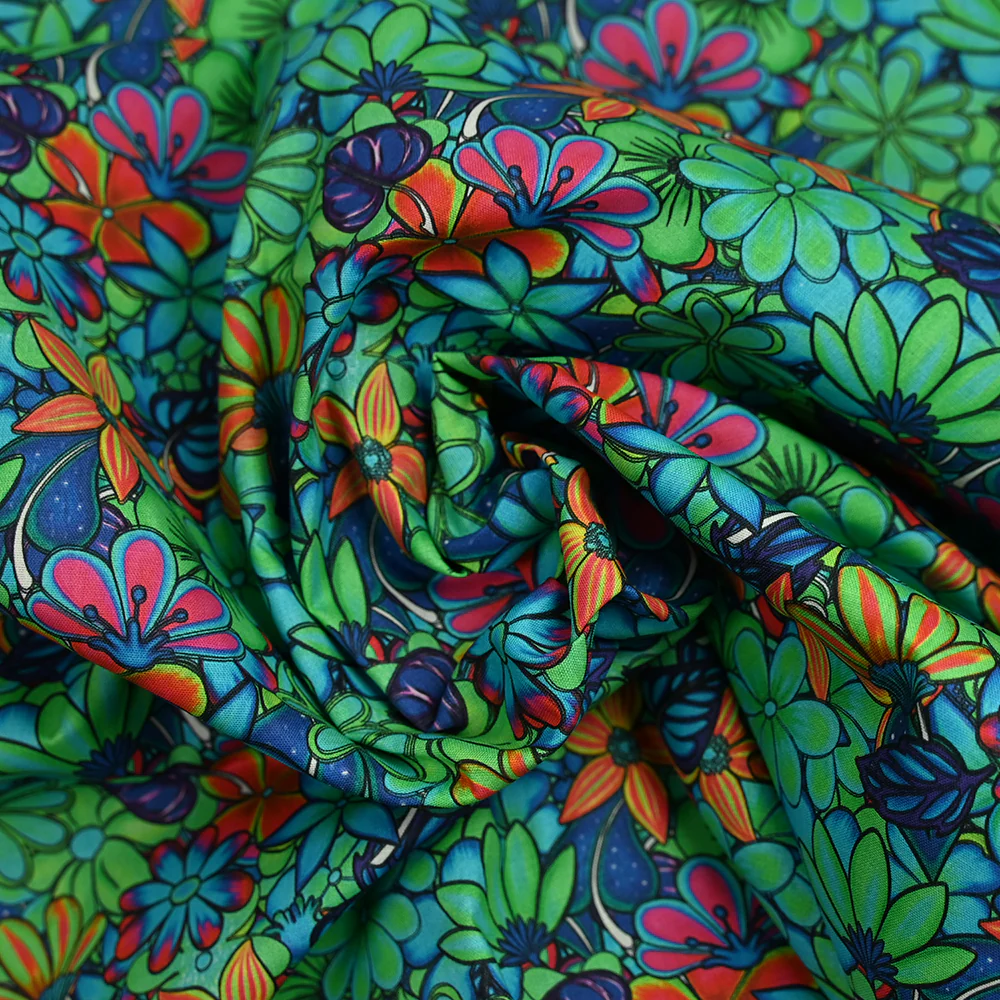 Coton imprimé rayon de soleil vert et bleu néon - Image 2