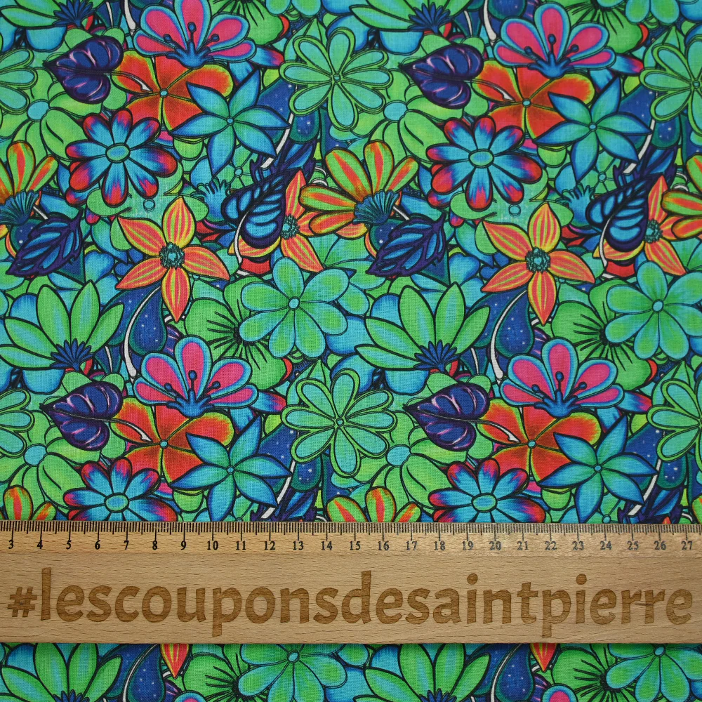 Coton imprimé rayon de soleil vert et bleu néon - Image 3