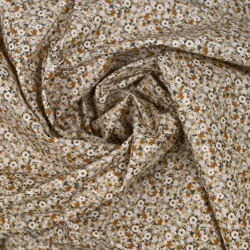 Coton imprimé s'épanouir beige, marron et blanc - Image 2