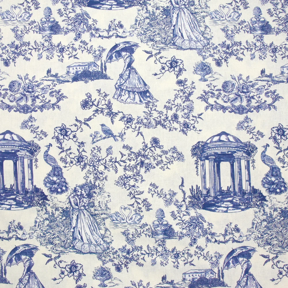 Coton imprimé toile de Jouy Maël bleu fond écru